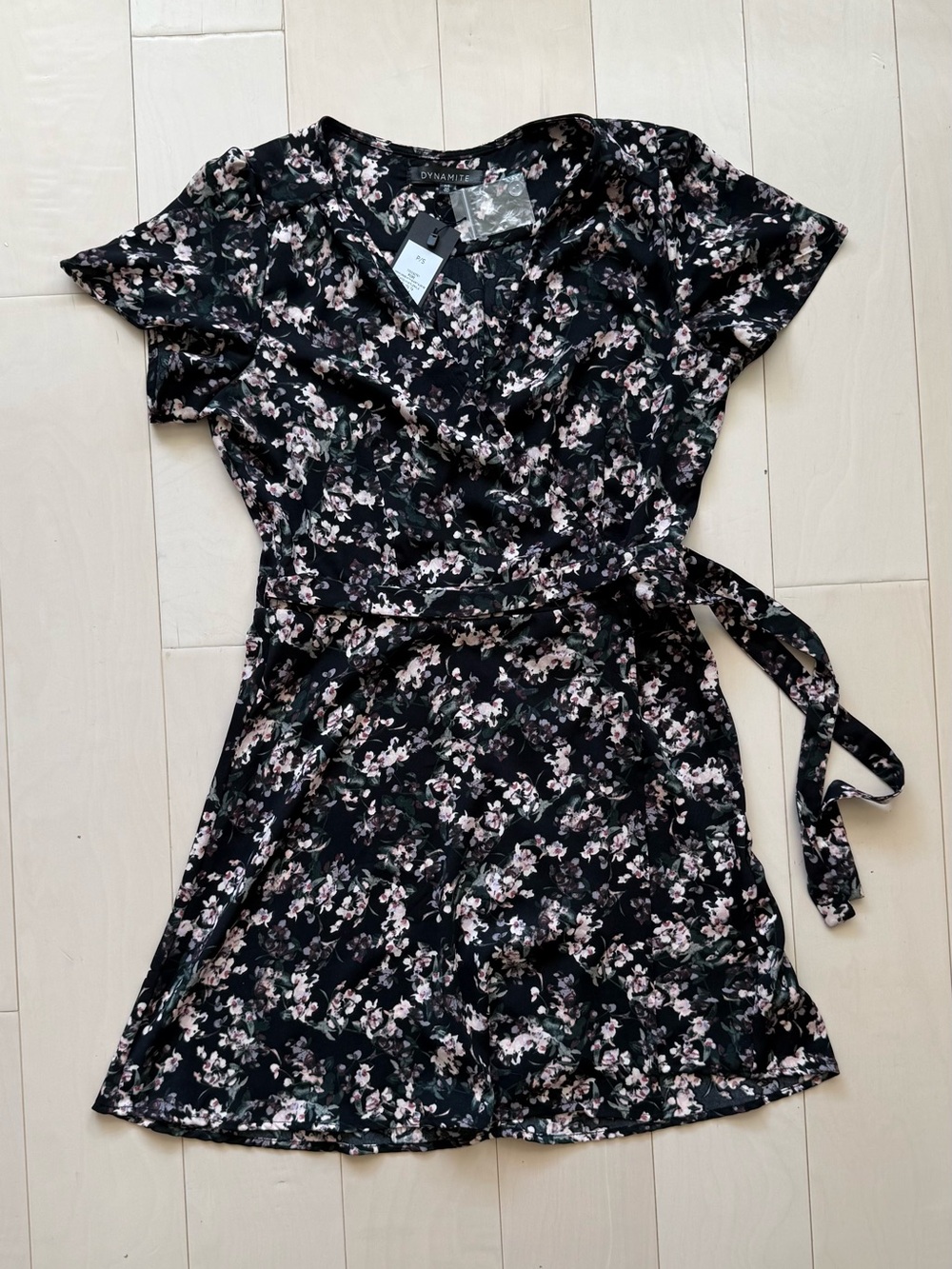 Dynamite Black Mini Wrap Dress with Pink Floral Print